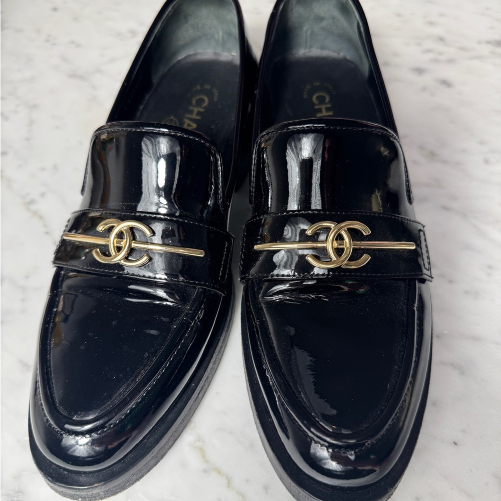 Chanel Black Loafers with Gold Accent